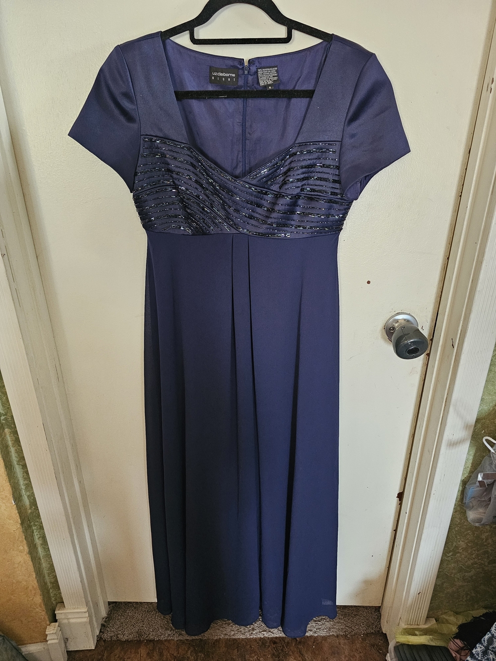 Liz Claiborne Navy Short-Sleeve Maxi Dress with Beaded Bodice